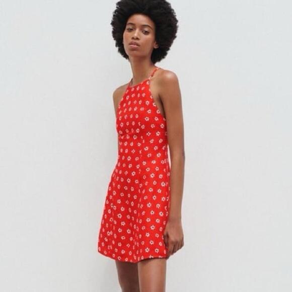 Zara Red & White Floral Daisy Linen Blend High Neck Mini Dress- Size Medium - Picture 6 of 8